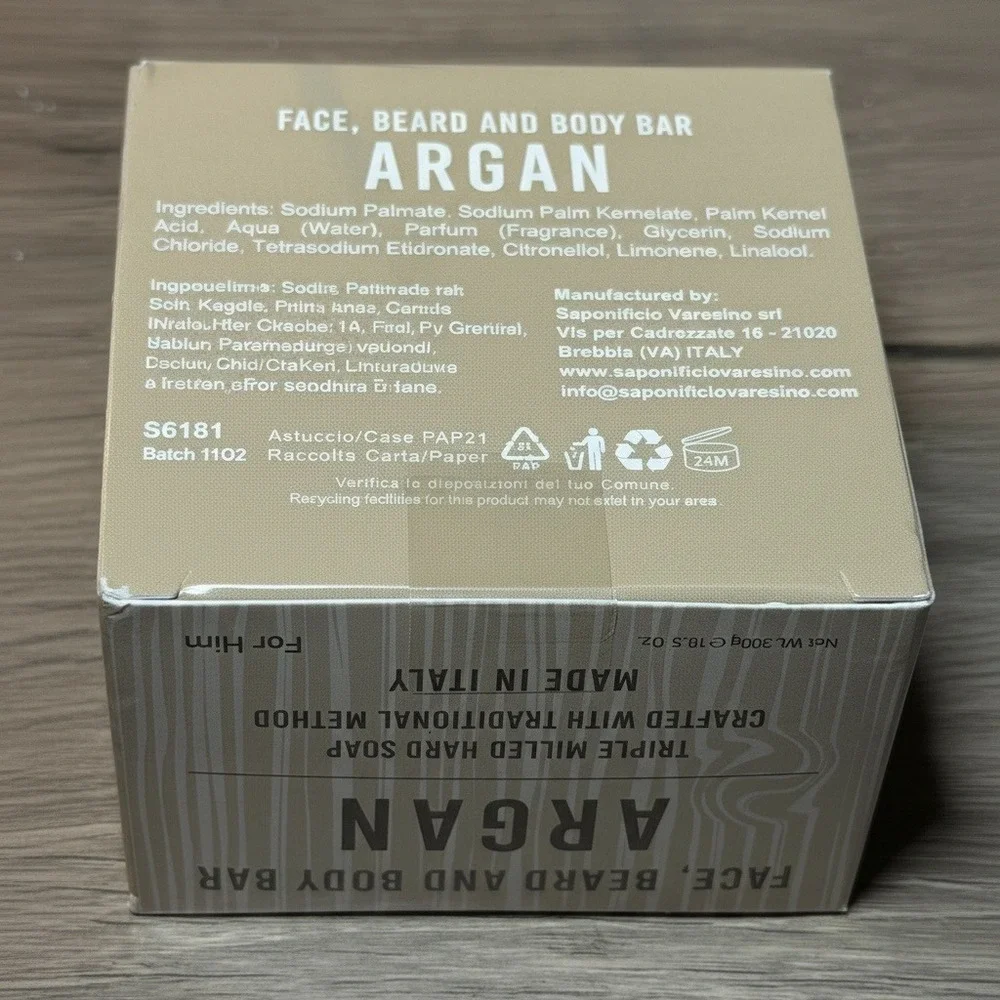 Saponificio Varesino Argan Soap Bar Mens 10.5oz New Triple Milled Made in Italy
